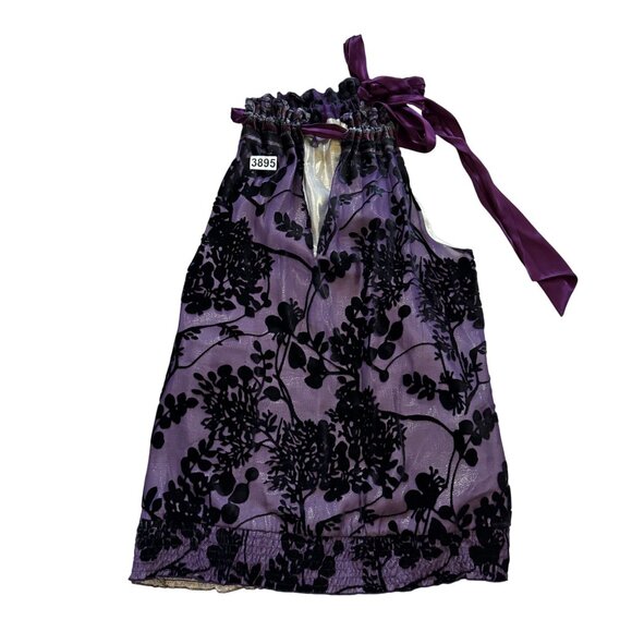 Hale Bob Women's Halter Tank Top Size L Purple Black Silk Blend Tie Neck Smocked - Picture 1 of 7